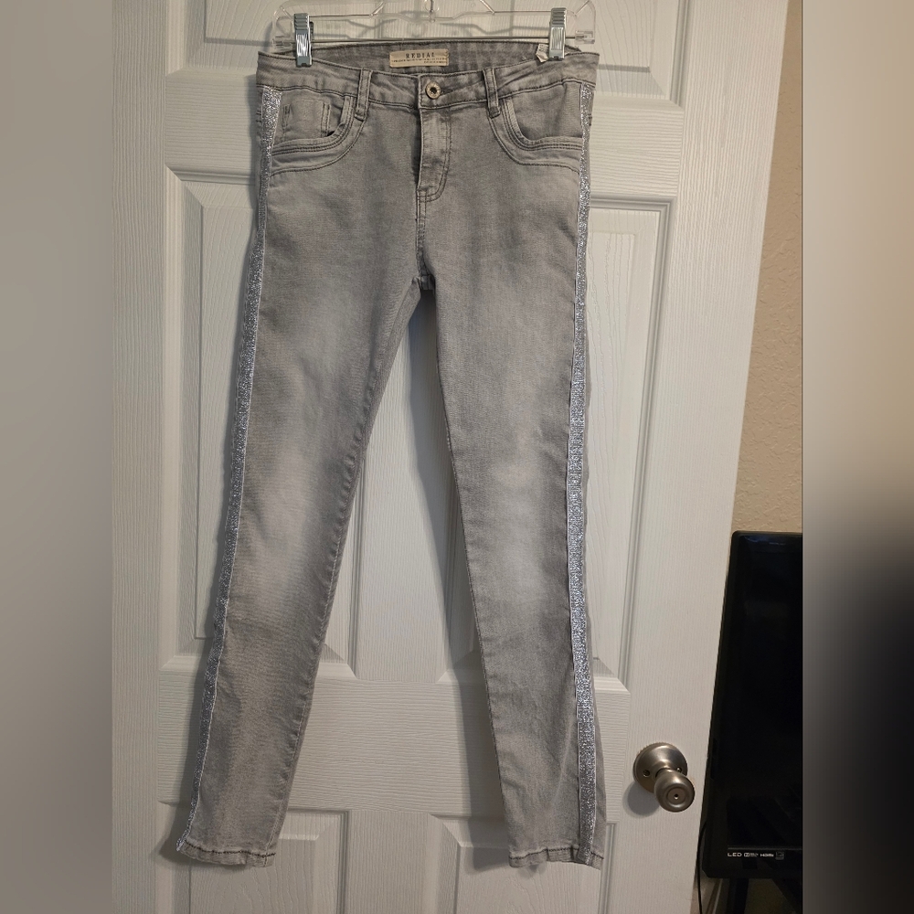Light Gray Skinny Jeans with Silver Side Trim